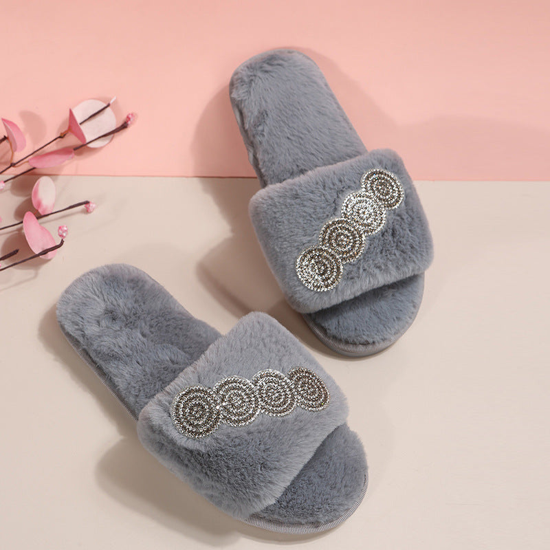 Wholesale One Word Open Toe Flat Plush Cotton Slippers